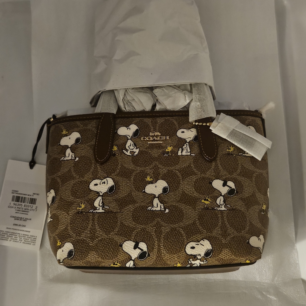 Coach X Peanuts City Mini Tote Bag In Signature Canvas With Snoopy Print